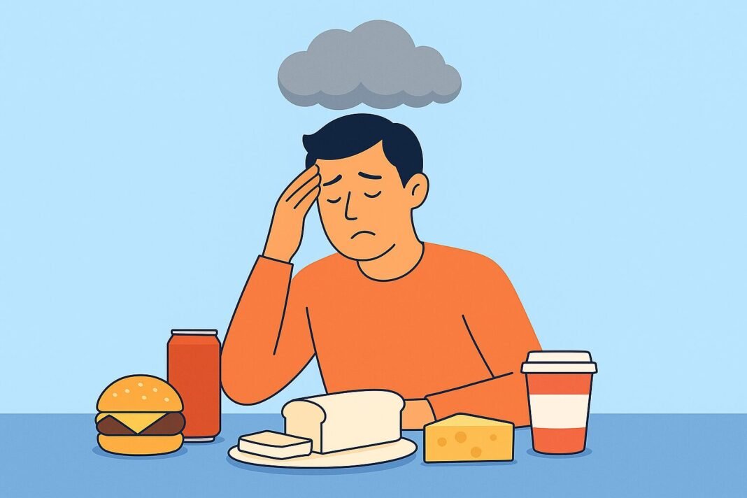 A flat-style digital illustration depicts a middle-aged man with a tired expression sitting at a table. brain fog foods.