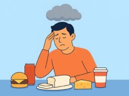 A flat-style digital illustration depicts a middle-aged man with a tired expression sitting at a table. brain fog foods.