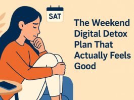Flat-style illustration of a person enjoying nature or journaling while their phone is turned off—representing a peaceful weekend digital detox.