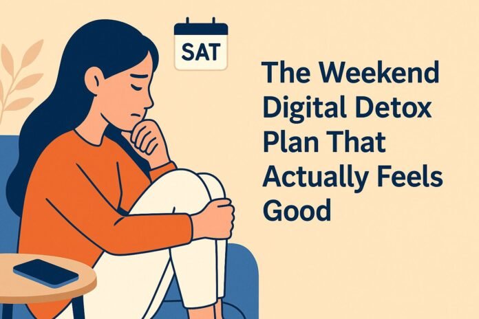 Flat-style illustration of a person enjoying nature or journaling while their phone is turned off—representing a peaceful weekend digital detox.