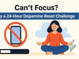 Flat-style illustration of a person journaling quietly with their phone turned off nearby, symbolizing a dopamine reset challenge to regain focus.