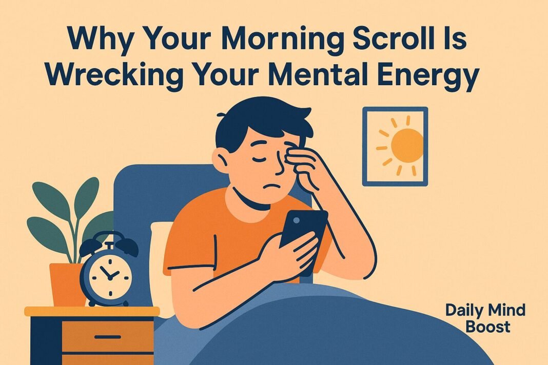 Flat-style illustration of a person scrolling their phone in bed with a foggy expression—visually representing morning scroll mental fatigue.