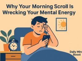 Flat-style illustration of a person scrolling their phone in bed with a foggy expression—visually representing morning scroll mental fatigue.