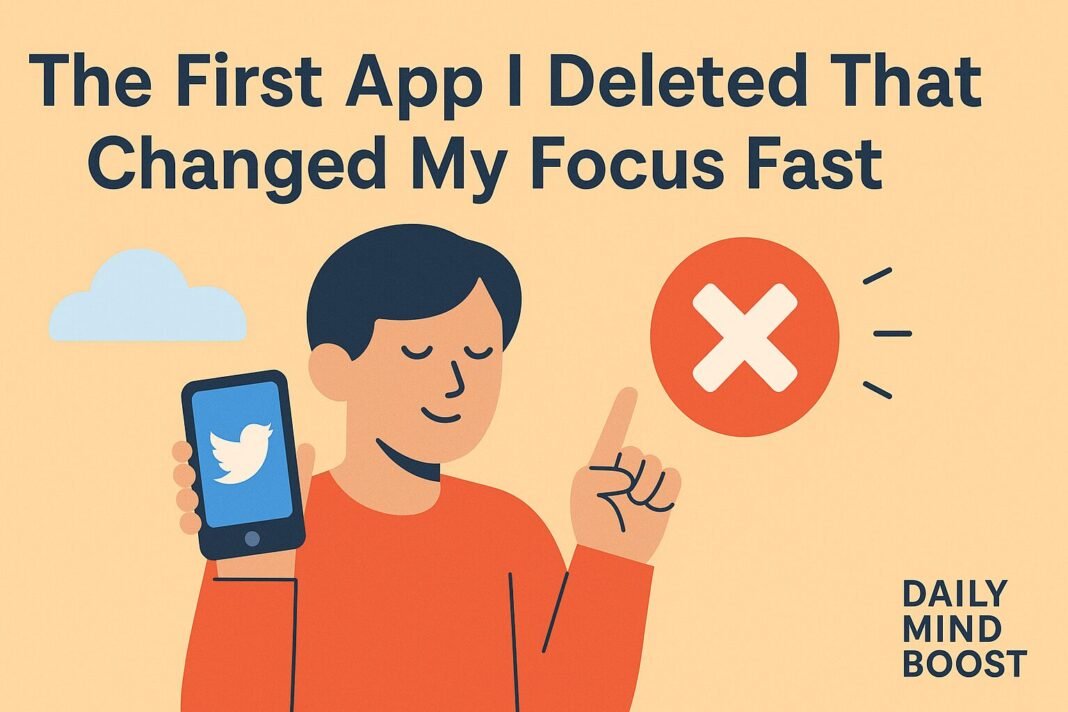 Flat-style illustration of a smartphone with one app icon fading out, symbolizing the delete one app for clarity mental reset trick.