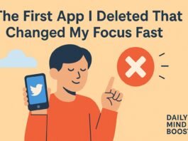 Flat-style illustration of a smartphone with one app icon fading out, symbolizing the delete one app for clarity mental reset trick.
