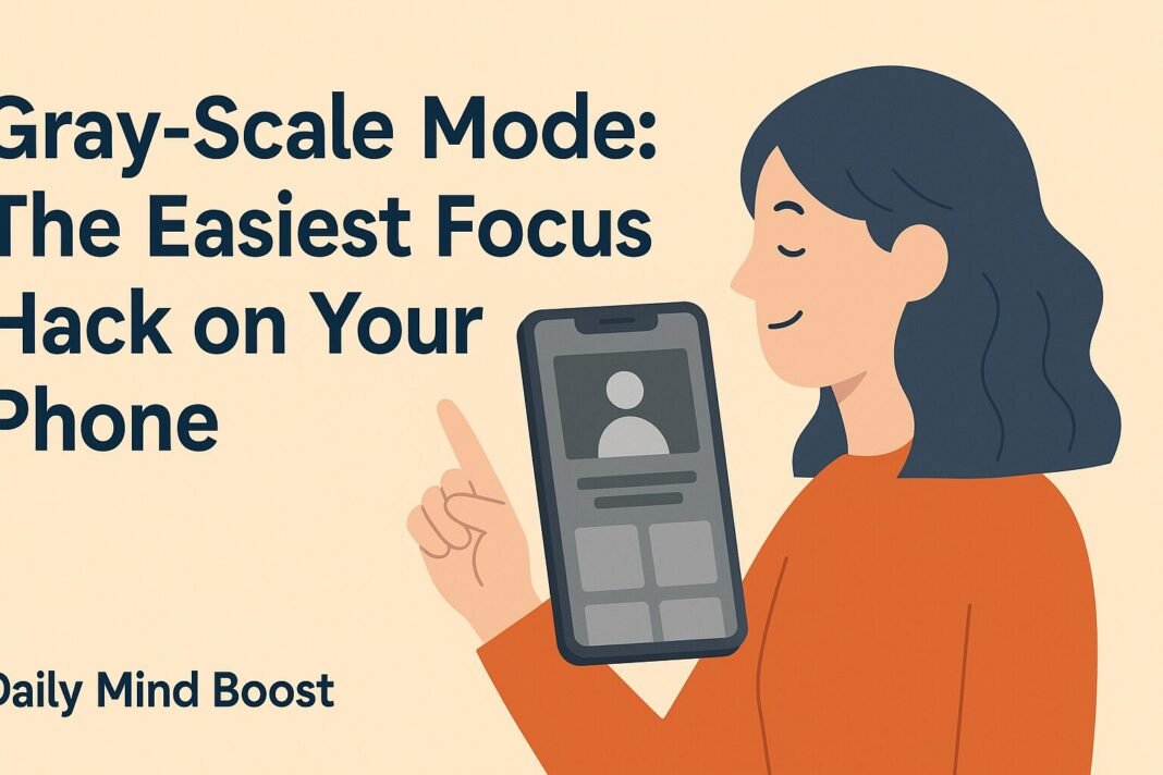 Flat-style illustration of a smartphone screen turning grayscale, symbolizing a quick and easy phone distraction hack for better focus.
