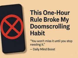 Flat-style illustration of a person putting down their phone beside a sunrise window, symbolizing a break from a doomscrolling habit for morning clarity.