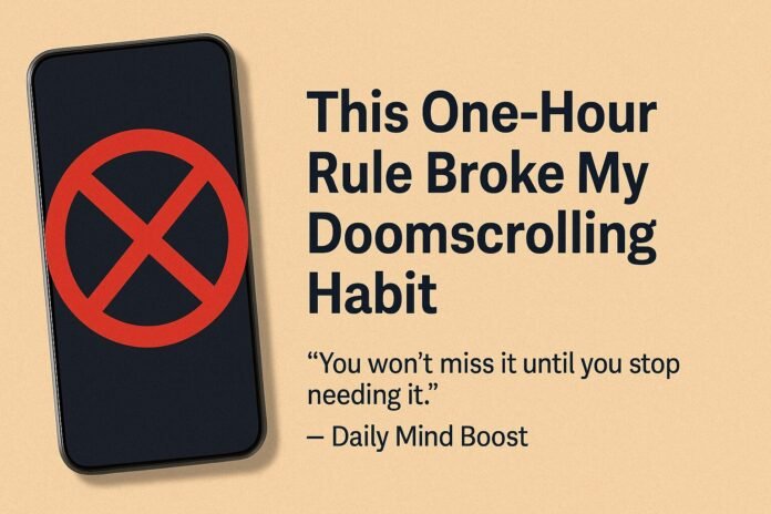 Flat-style illustration of a person putting down their phone beside a sunrise window, symbolizing a break from a doomscrolling habit for morning clarity.