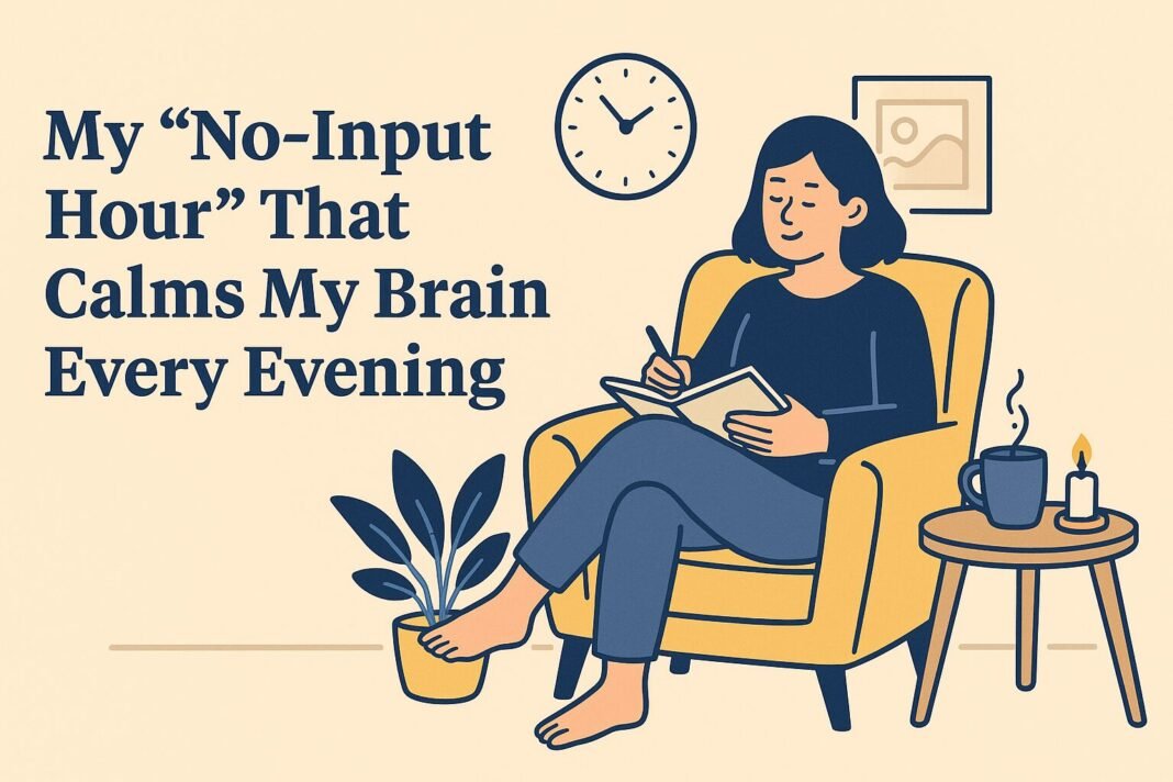 Flat-style illustration of a person relaxing in a dim room with no screens, symbolizing the calming power of a nightly no-input hour.