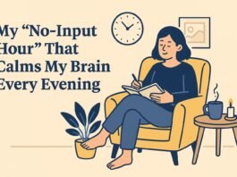 Flat-style illustration of a person relaxing in a dim room with no screens, symbolizing the calming power of a nightly no-input hour.