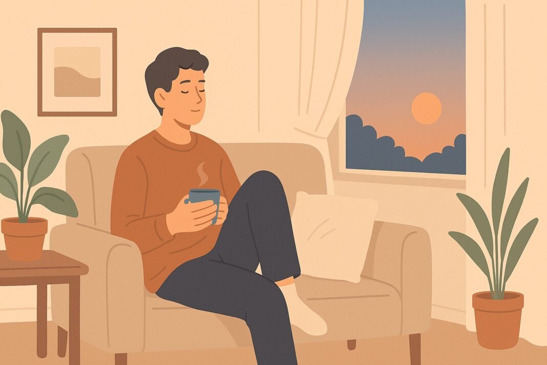 Flat-style illustration of a person walking peacefully with their phone powered off, representing the calming effect of a 24-hour digital pause.