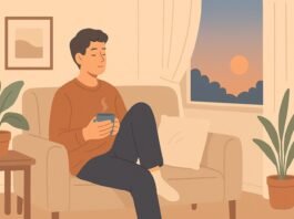 Flat-style illustration of a person walking peacefully with their phone powered off, representing the calming effect of a 24-hour digital pause.