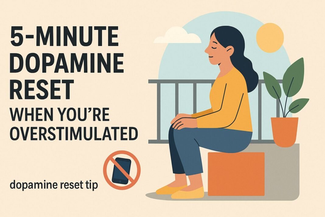 Flat-style illustration of a person sitting quietly on a balcony or walking outside phone-free, reflecting a simple dopamine reset tip for mental clarity.