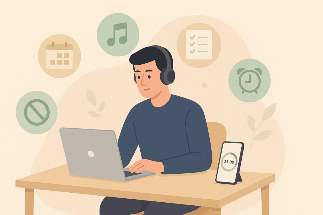 Flat-style illustration of a person using a laptop surrounded by icons of timers, checklists, and music apps—representing top brain focus tools.