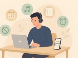 Flat-style illustration of a person using a laptop surrounded by icons of timers, checklists, and music apps—representing top brain focus tools.