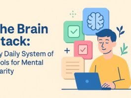 Flat-style illustration of a person using a clean digital dashboard with three main apps—representing a minimalist daily brain stack for mental clarity.