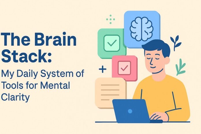 Flat-style illustration of a person using a clean digital dashboard with three main apps—representing a minimalist daily brain stack for mental clarity.