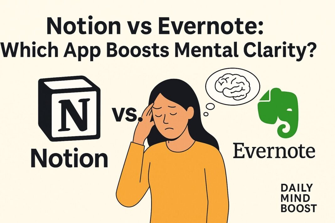 Flat-style illustration of a split-screen comparison between Notion and Evernote icons, representing the best productivity app for mental clarity.