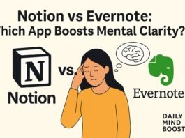 Flat-style illustration of a split-screen comparison between Notion and Evernote icons, representing the best productivity app for mental clarity.