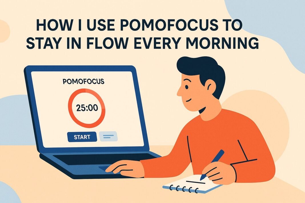 Flat-style illustration of a person working at a desk with a visible Pomodoro timer, showing the best productivity timer for mental clarity in action.