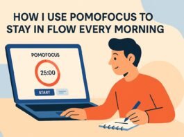 Flat-style illustration of a person working at a desk with a visible Pomodoro timer, showing the best productivity timer for mental clarity in action.