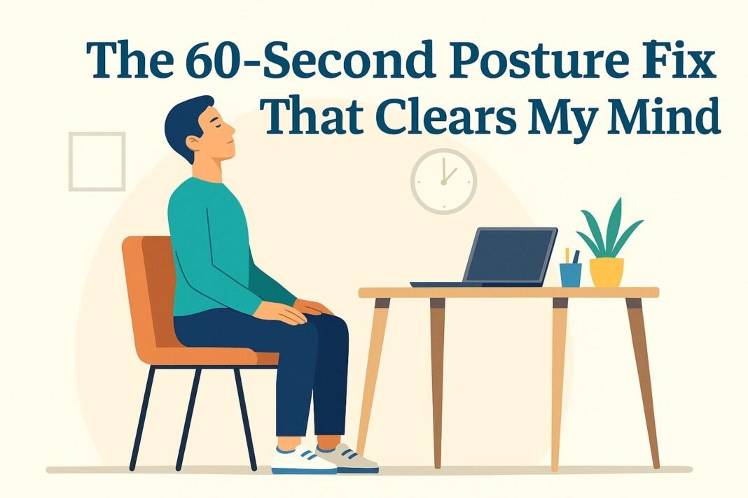 Flat-style digital illustration of a man adjusting his posture at his desk, representing the benefit of correct posture for mental clarity and improved focus.