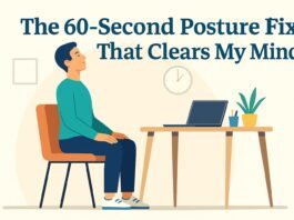 Flat-style digital illustration of a man adjusting his posture at his desk, representing the benefit of correct posture for mental clarity and improved focus.