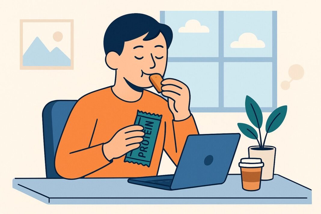 Flat-style digital illustration of a person reaching for a protein snack at their desk during the afternoon, representing the benefit of a protein snack for focus crashes