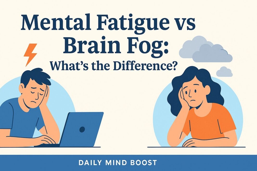 Flat-style illustration of a person at a desk with two thought clouds—one labeled mental fatigue and the other brain fog, symbolizing confusion and exhaustion. Mental Fatigue vs Brain Fog