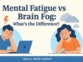 Flat-style illustration of a person at a desk with two thought clouds—one labeled mental fatigue and the other brain fog, symbolizing confusion and exhaustion. Mental Fatigue vs Brain Fog