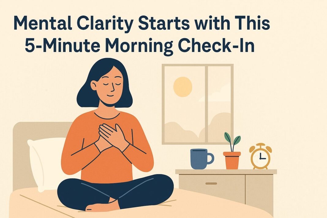 Flat-style illustration of a person holding a cup of coffee, journaling quietly at sunrise—representing a calming morning mental clarity habit.