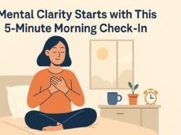 Flat-style illustration of a person holding a cup of coffee, journaling quietly at sunrise—representing a calming morning mental clarity habit.