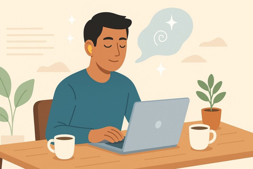 Flat-style illustration of a person sitting calmly with earplugs in, surrounded by faded background noise—demonstrating a simple mental clarity tip.