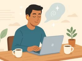Flat-style illustration of a person sitting calmly with earplugs in, surrounded by faded background noise—demonstrating a simple mental clarity tip.