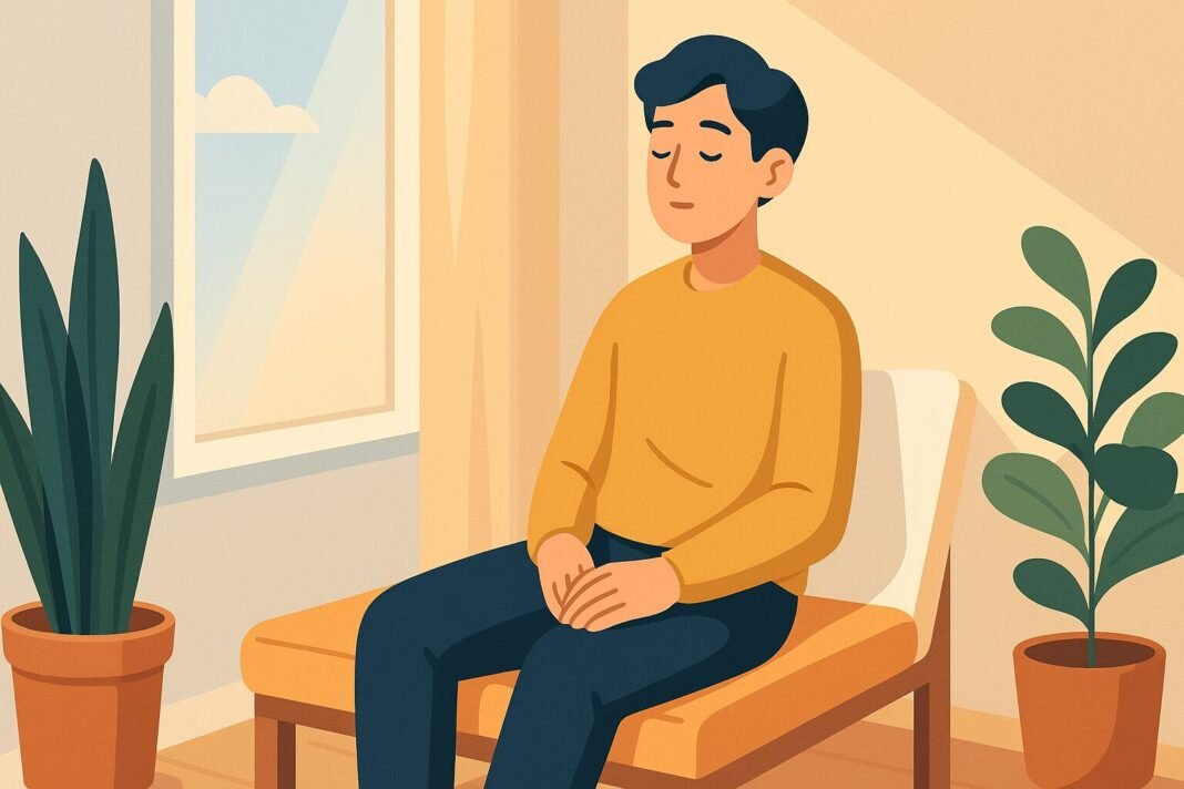 Flat-style illustration of a person sitting quietly without screens or sound, showing stillness and calm—representing a simple no-input break.