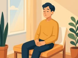 Flat-style illustration of a person sitting quietly without screens or sound, showing stillness and calm—representing a simple no-input break.
