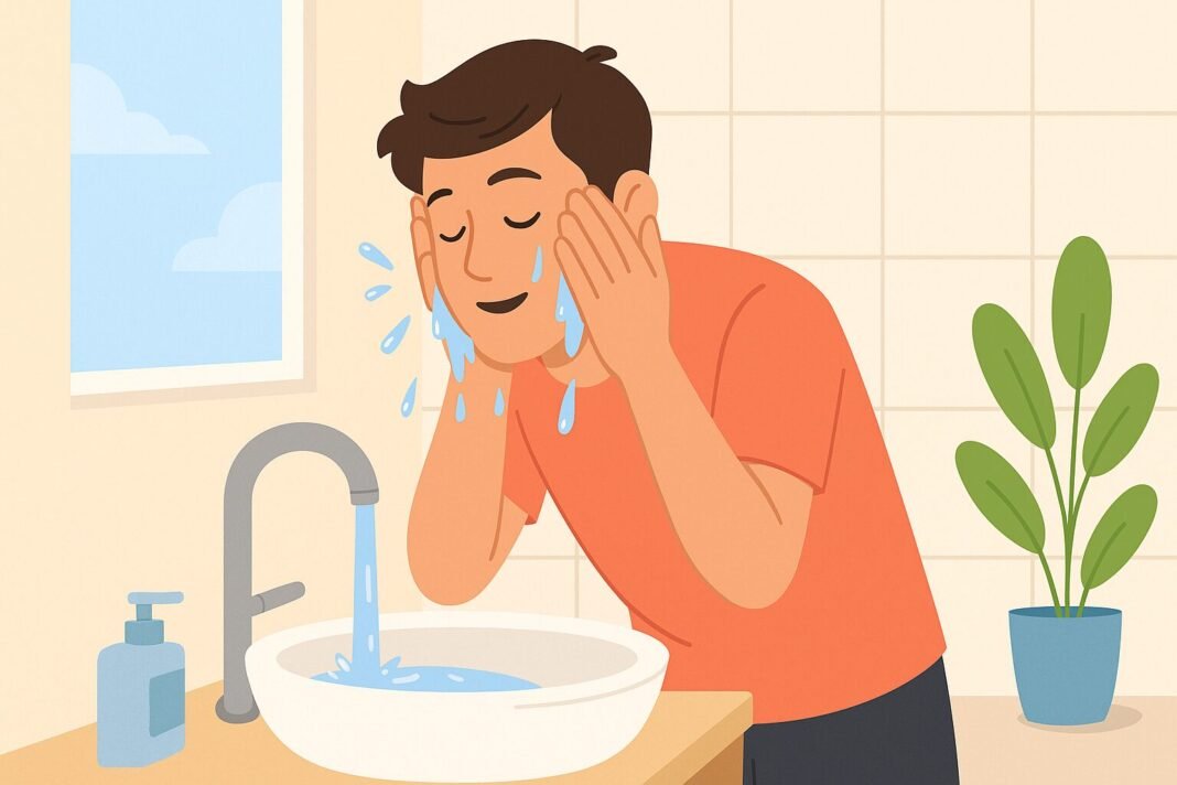 Flat-style illustration of a person splashing cold water on their face and drinking a glass of water, demonstrating a simple water hack for brain fog.