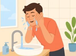 Flat-style illustration of a person splashing cold water on their face and drinking a glass of water, demonstrating a simple water hack for brain fog.