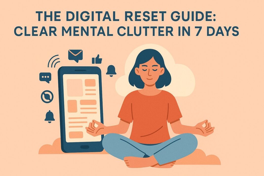 Flat-style illustration of a person turning off notifications and walking away from screens, symbolizing a calming digital reset to clear mental clutter