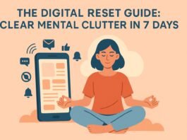 Flat-style illustration of a person turning off notifications and walking away from screens, symbolizing a calming digital reset to clear mental clutter