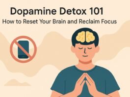 Flat-style illustration of a person unplugging from digital devices and walking outside, representing a peaceful dopamine detox for mental clarity