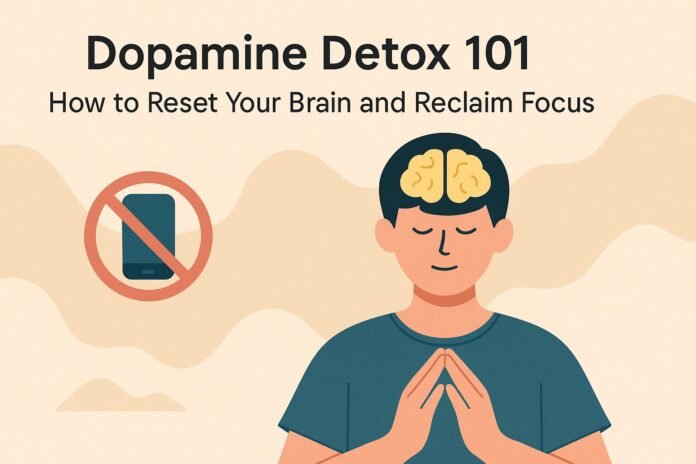 Flat-style illustration of a person unplugging from digital devices and walking outside, representing a peaceful dopamine detox for mental clarity