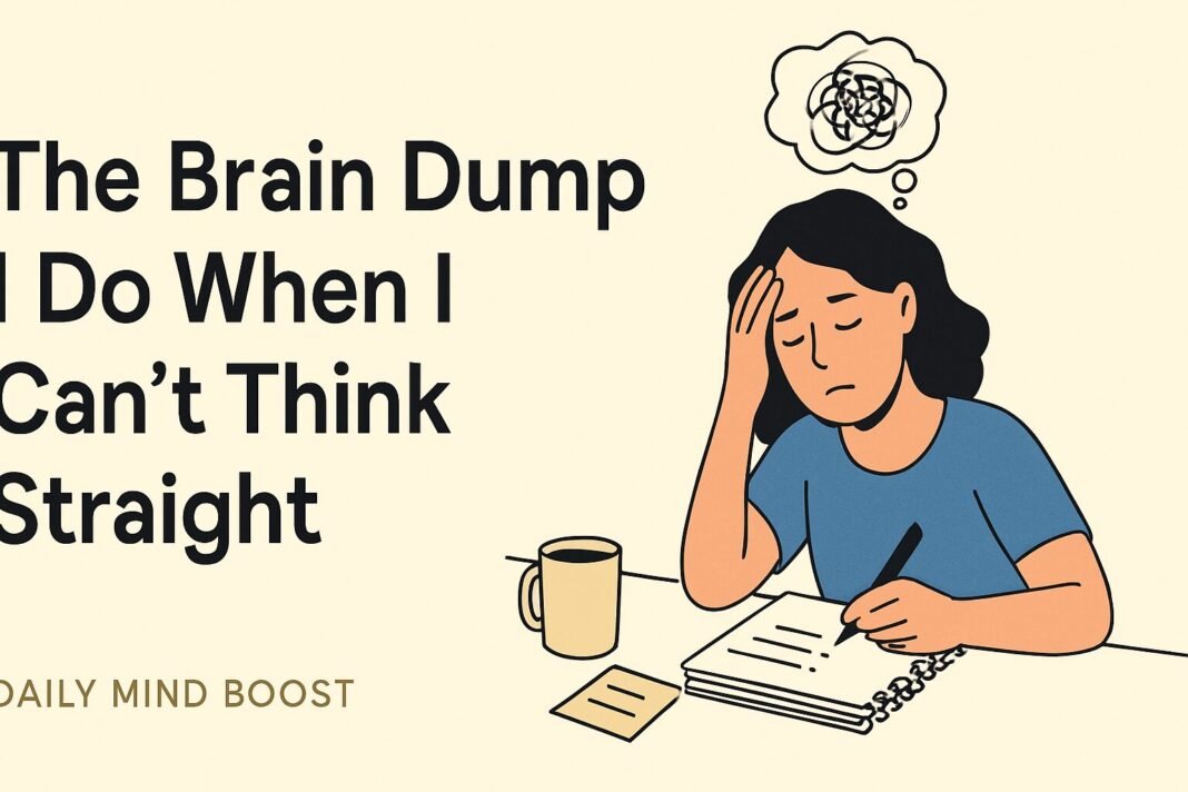 Flat-style illustration of a person writing frantically on a notepad with swirling thoughts around their head, showing a quick brain fog reset in action.