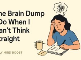 Flat-style illustration of a person writing frantically on a notepad with swirling thoughts around their head, showing a quick brain fog reset in action.