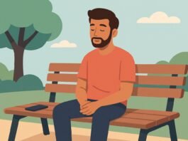 Flat-style illustration of a tired person surrounded by screens, showing overwhelm and distraction—visualizing key dopamine detox signs