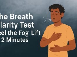 Person doing a deep breathing exercise with a calm expression, symbolizing mental clarity and calm—representing the breath clarity test.