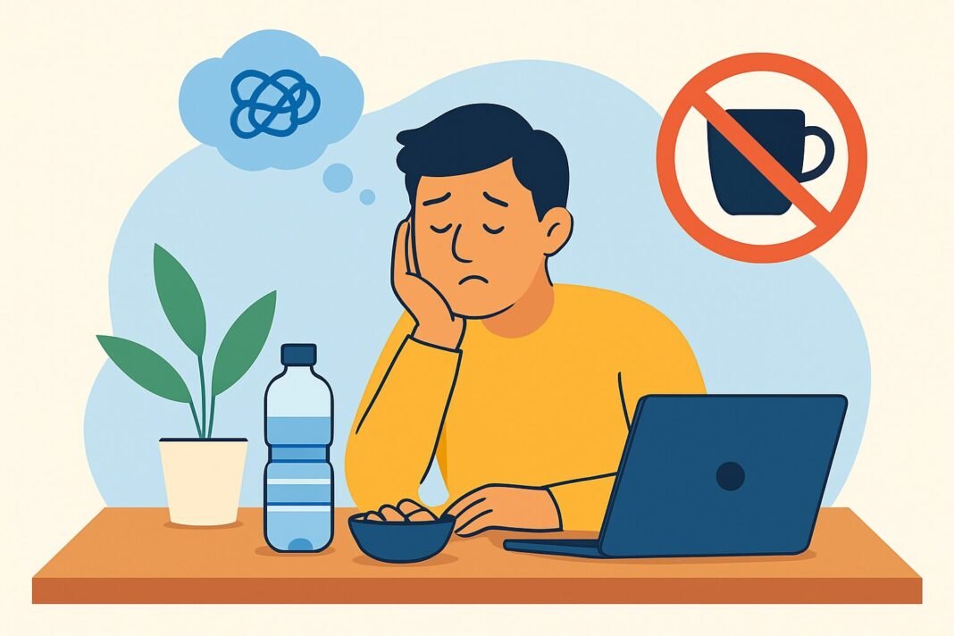 flat-style digital illustration of a young man experiencing afternoon brain fog without using coffee.