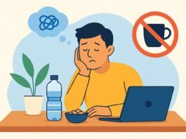 flat-style digital illustration of a young man experiencing afternoon brain fog without using coffee.
