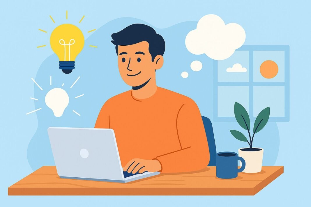 flat style illustration of a young man working at a desk with lightbulbs and thought clouds, representing brain fog and mental clarity.