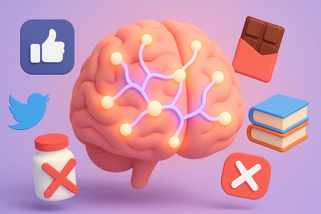 dopamine detox concept illustration with brain pathways and pleasure stimuli